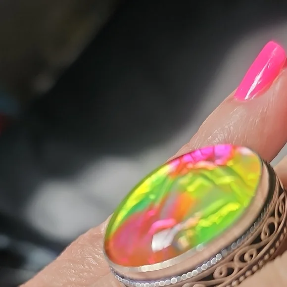 Pink and Green Statement Ring with Intricate Silver Setting - Picture 3 of 5